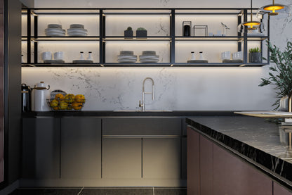 U-shaped kitchen with matty grey and dark cherry finish