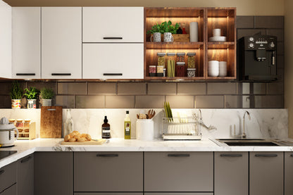 L-shaped kitchen with pure white and slate grey finish