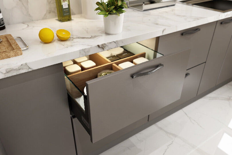 L-shaped kitchen with pure white and slate grey finish