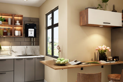 L-shaped kitchen with pure white and slate grey finish