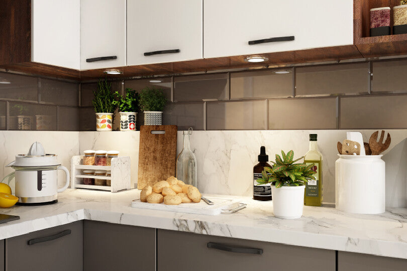 L-shaped kitchen with pure white and slate grey finish