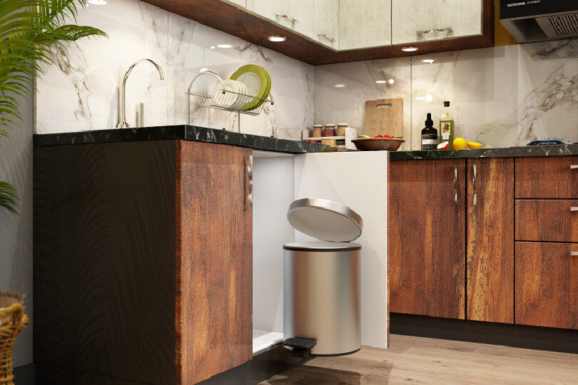 L shaped kitchen with rustic white and maple wood base