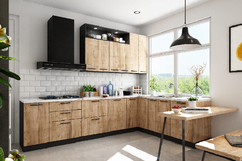 L-shaped kitchen with cypress wood finish