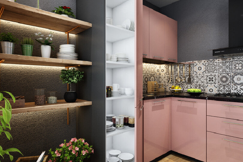 Compact L shaped kitchen glossy pink finish