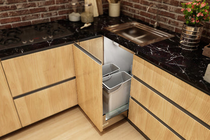 L-shaped kitchen with birch and white cabinets