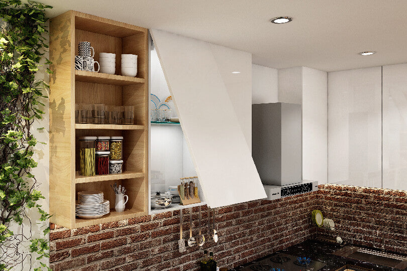 L-shaped kitchen with birch and white cabinets