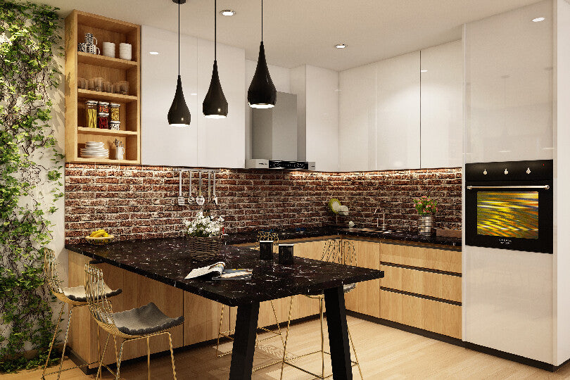 L-shaped kitchen with birch and white cabinets