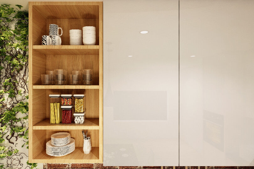 L-shaped kitchen with birch and white cabinets