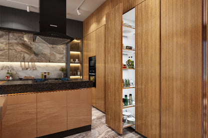 Island kitchen with walnut and marble finish cabinets