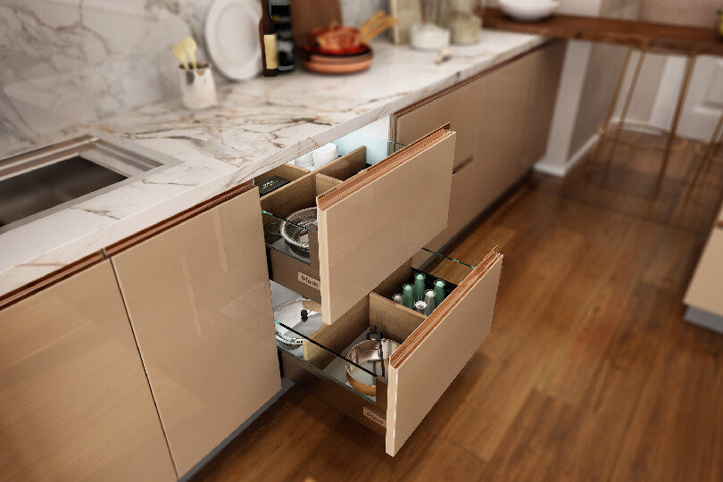 Island kitchen with handle less Cappuccino and ivory white cabinet