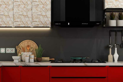 U-shaped kitchen with crimson red and white textured wall units