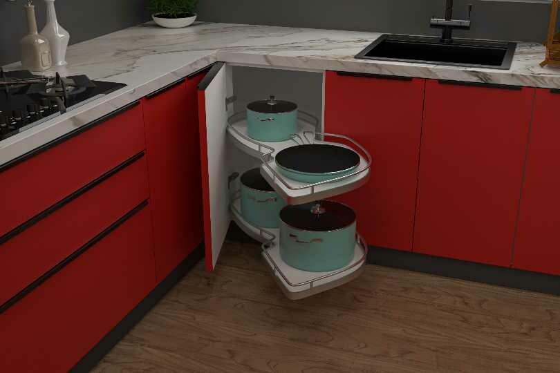 U-shaped kitchen with crimson red and white textured wall units