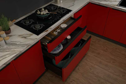 U-shaped kitchen with crimson red and white textured wall units