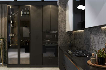 L-shaped kitchen with dark grey and marble countertop