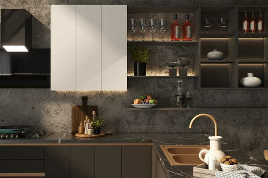 L-shaped kitchen with dark grey and marble countertop