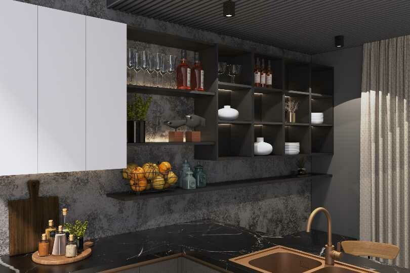 L-shaped kitchen with dark grey and marble countertop