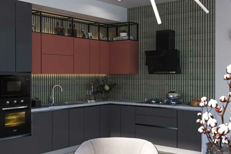 L-shaped kitchen with light coral and fluted glass tall units