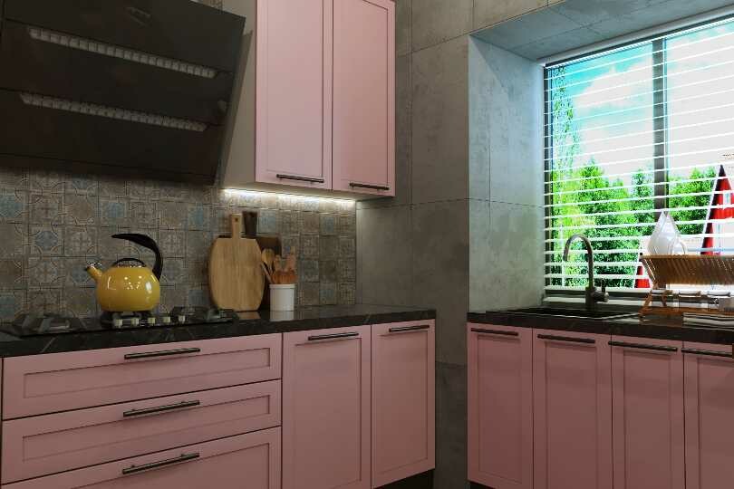 Compact L shaped kitchen light pink matt finish