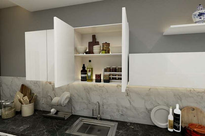 Parallel kitchen with dove grey units and black marble countertop