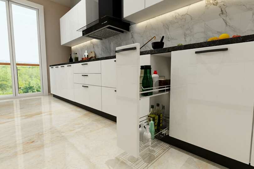 Parallel kitchen with dove grey units and black marble countertop