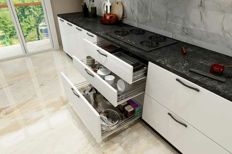 Parallel kitchen with dove grey units and black marble countertop