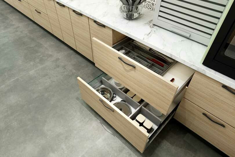 Parallel kitchen with Oakwood and fern olive handle less units