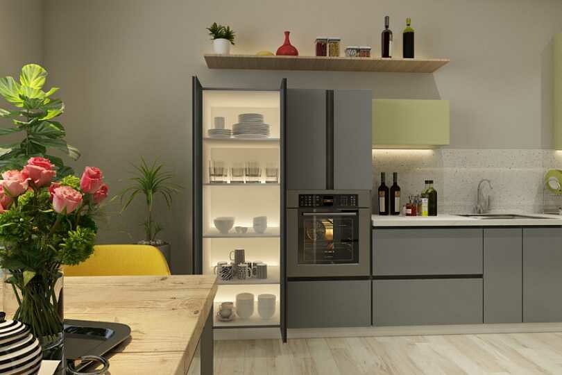 Parallel kitchen with fog grey and olive colour units