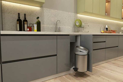 Parallel kitchen with fog grey and olive colour units