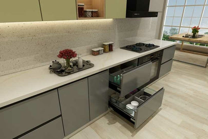 Parallel kitchen with fog grey and olive colour units