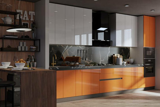 Straight kitchen with orange and white glossy finish