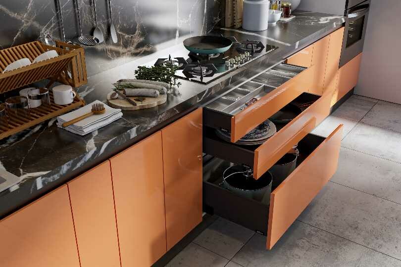 Straight kitchen with orange and white glossy finish