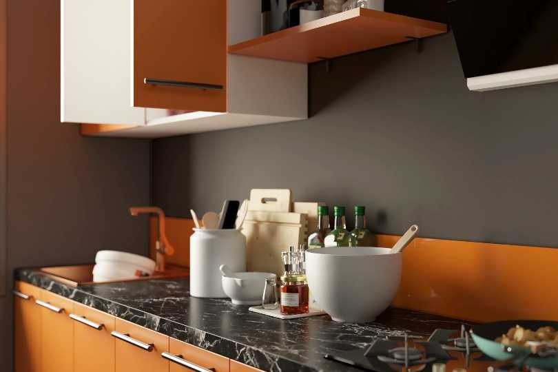 Kutchina Modular Kitchen Compact straight kitchen with rusty orange ...