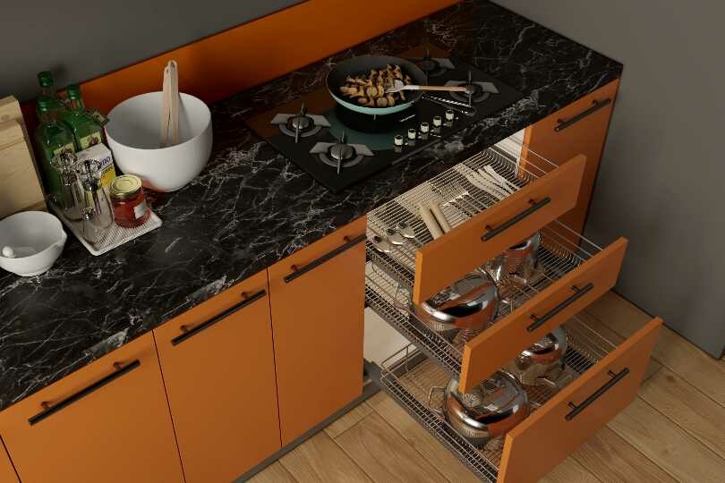 Compact straight kitchen with rusty orange finish