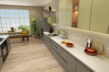 Parallel kitchen with fog grey and olive colour units