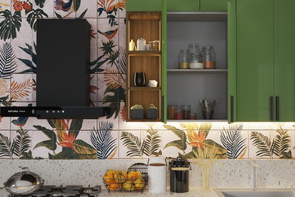 Straight kitchen with pastel green and beige shades and tropical dado tiles