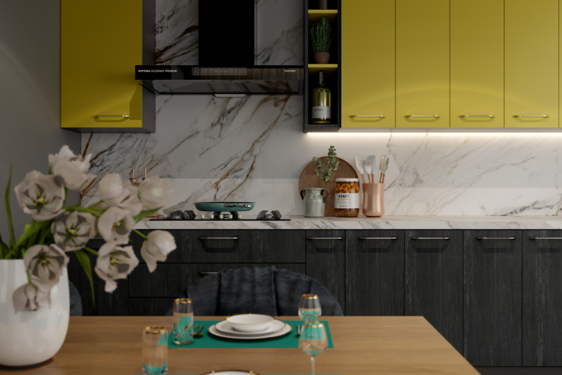 Straight kitchen with yellow pop and charcoal grey textured cabinets