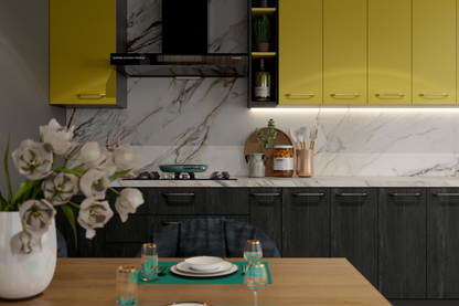 Straight kitchen with yellow pop and charcoal grey textured cabinets