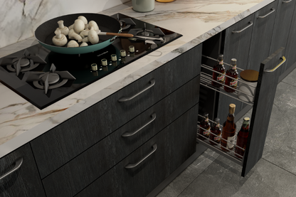 Straight kitchen with yellow pop and charcoal grey textured cabinets