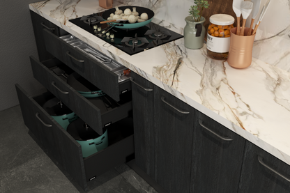 Straight kitchen with yellow pop and charcoal grey textured cabinets