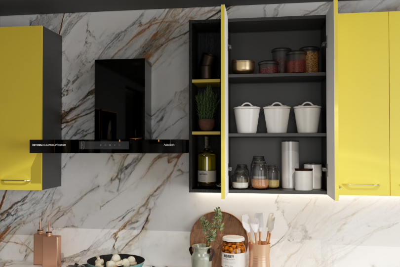 Straight kitchen with yellow pop and charcoal grey textured cabinets