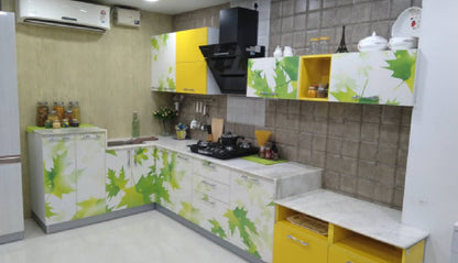 L shaped kitchen with rustic white and maple wood base