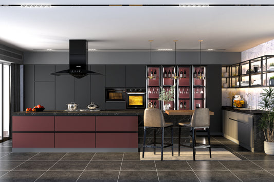 U-shaped kitchen with matty grey and dark cherry finish