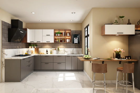 L-shaped kitchen with pure white and slate grey finish