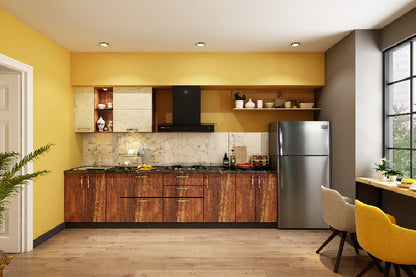 Straight kitchen with white and maple wood base