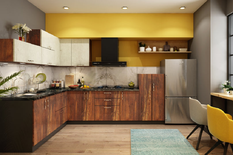 L shaped kitchen with rustic white and maple wood base