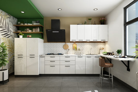 Straight kitchen with pure white and herringbone dado tiles
