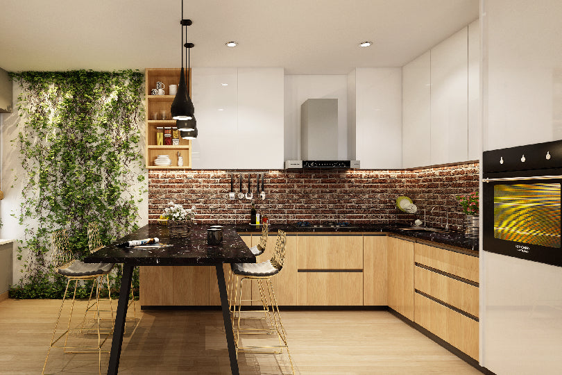 L-shaped kitchen with birch and white cabinets