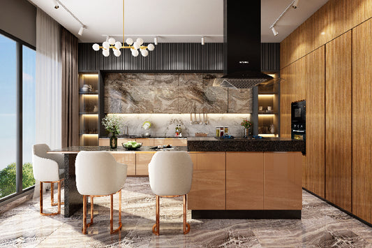 Island kitchen with walnut and marble finish cabinets