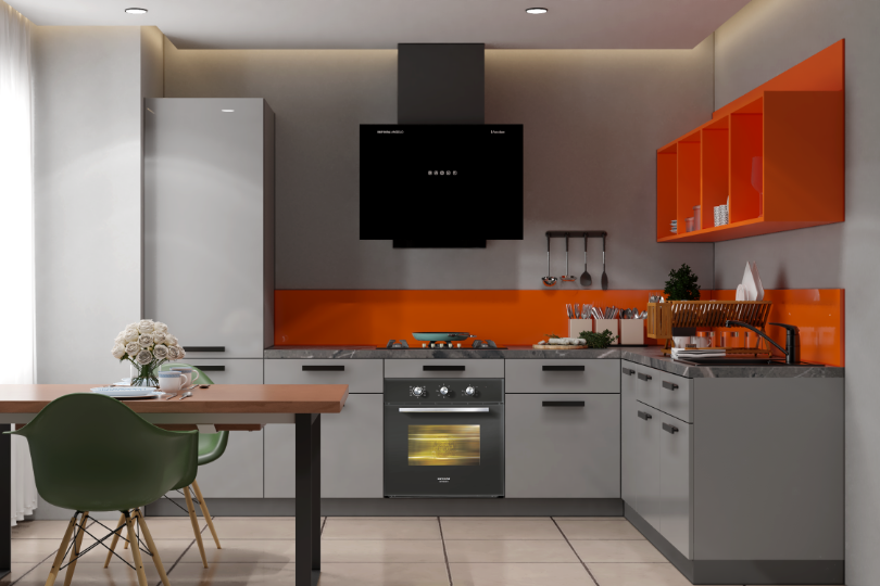 L-shaped kitchen with fluroescent orange and dove grey finish