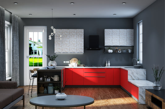 U-shaped kitchen with crimson red and white textured wall units